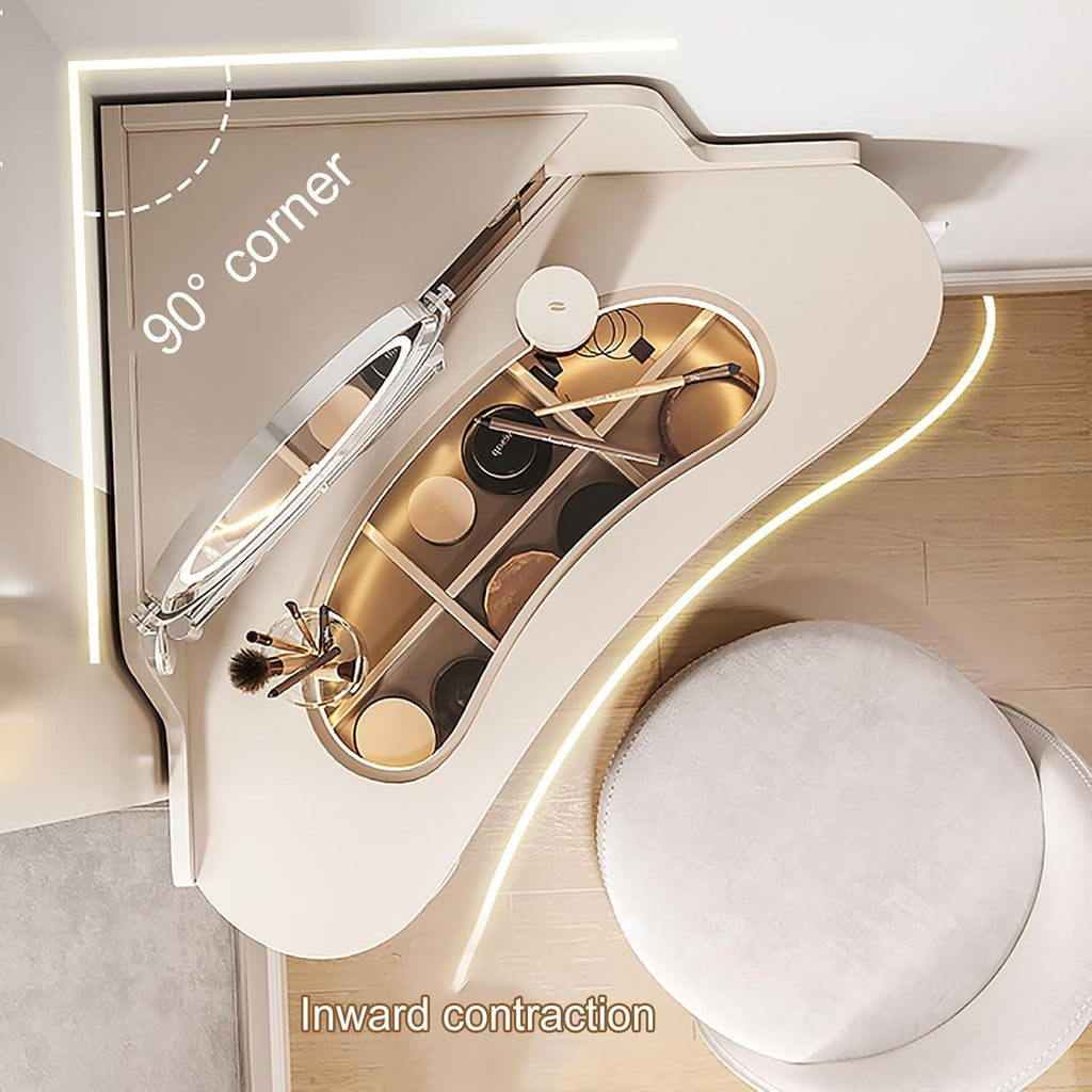 Corner Dressing Table for Small Spaces – French Cream Style Triangle Vanity Desk with Drawer, Side Shelves, Space-Saving Makeup Table for Bedroom