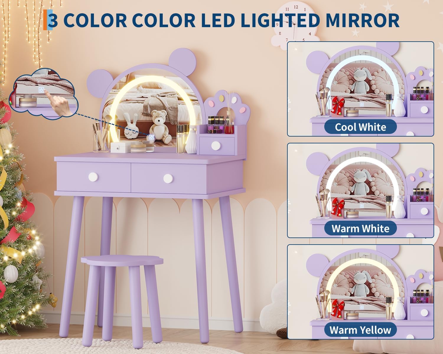 Garvee Kids Vanity Set with Lights,Bear-Shaped Make Up Vanity Desk with Mirror&Stool,Wooden Princess Toddler Make Up Table Set for Bedroom,Pretend Play Vanity Sets for Little Girls(Purple)