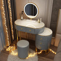 Corner Makeup Table Set Makeup, Women Dresser Table Vanity with 5-6 Drawers, Vanity Dressing Table with 360° Rotating Mirror, Makeup Vanity Benches Vanity Desk ，80cm Grey Round Stool