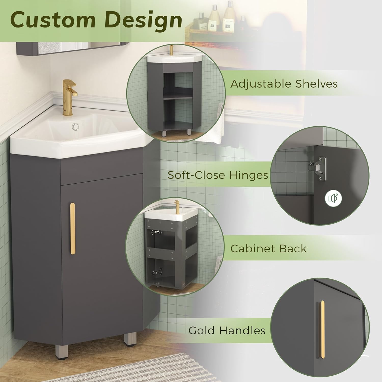 Findepot 24' Corner Bathroom Vanity Sink Combo for Small Space Freestanding Compact Space Bathroom Storage Cabinet with White Ceramic Sink, Adjustable Shelf and Gold Handle, Grey