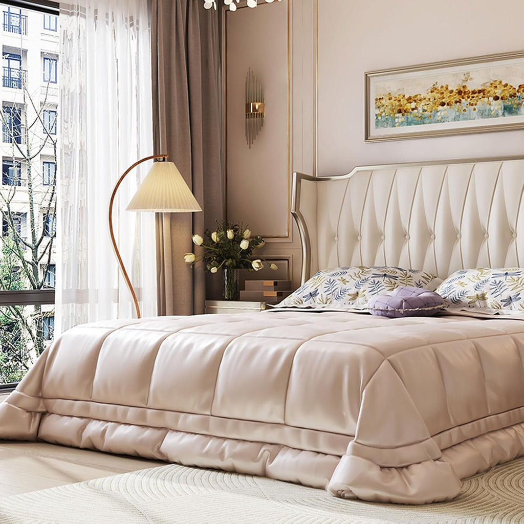 King Size Genuine Leather Bed Set with Headboard and Drawers Wooden Slats and Metal Frame Support No Box Spring Needed