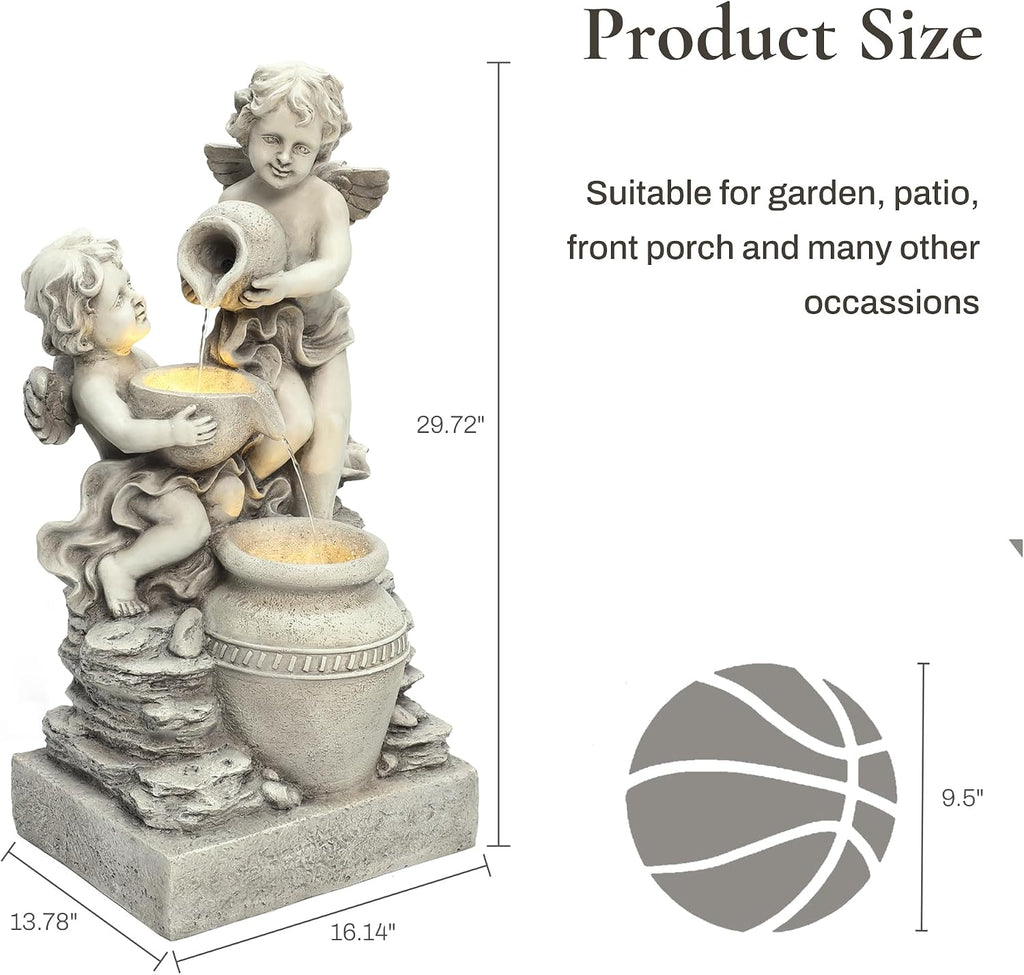 LuxenHome 30 Inch Outdoor Water Fountain, Resin Angels Water Fountains Indoor and Outdoor with LED Light, 3 Layers Angels and Urn Garden Water Fountain, Decorative Waterfall for Backyard