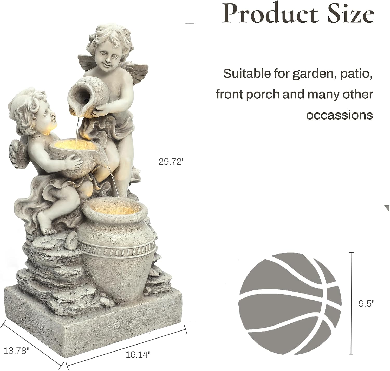LuxenHome 30 Inch Outdoor Water Fountain, Resin Angels Water Fountains Indoor and Outdoor with LED Light, 3 Layers Angels and Urn Garden Water Fountain, Decorative Waterfall for Backyard
