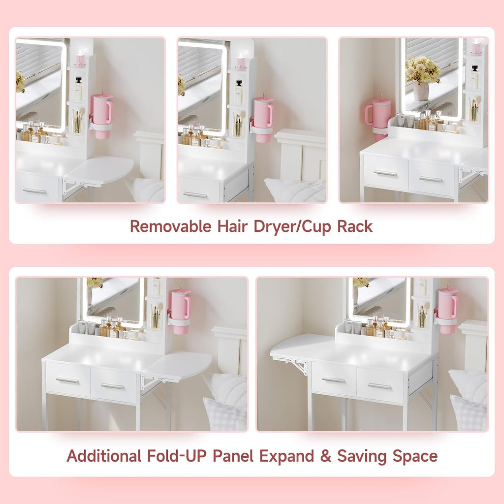 Small Vanity Desk for Compact Space: Mini Makeup Table Set for Bedroom - Tiny White Vanity with Mirror for Girls