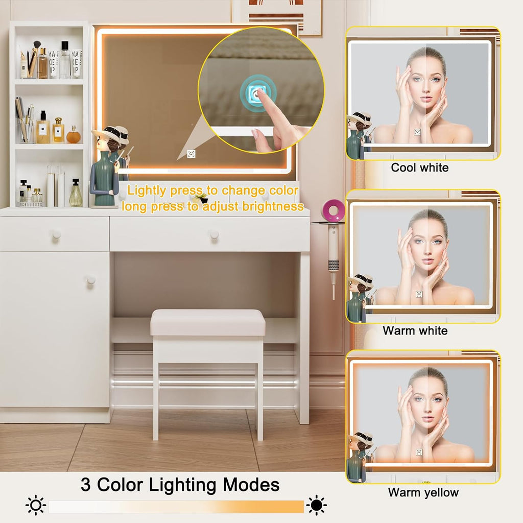 Vanity Desk with Mirror, Includes Dream Box, LED Lights, Power Outlet, 5 Drawers & 3 Shelves, Elegant Cream Design for Bedroom, Storage Stool