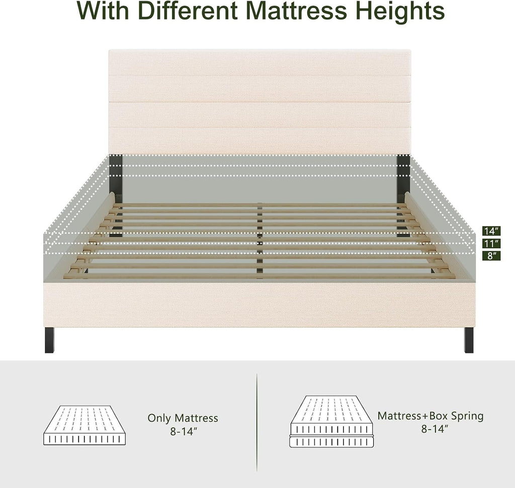 Furnihome Queen Bed Frame, Modern Upholstered Bed Frame with Adjustable Linen Headboard, Wooden Slats Support Platform Queen Size Bed Frames, No Box Spring Needed,Easy Assembly,Beige