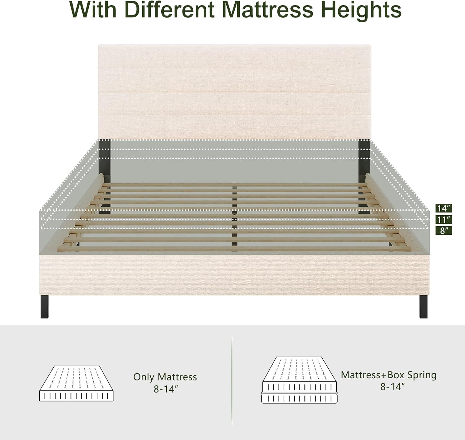 Furnihome Queen Bed Frame, Modern Upholstered Bed Frame with Adjustable Linen Headboard, Wooden Slats Support Platform Queen Size Bed Frames, No Box Spring Needed,Easy Assembly,Beige