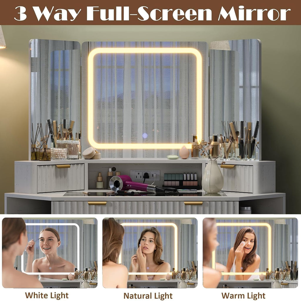 Modern 48'' Fluted Makeup Vanity Desk with HD Triple Mirror & LED Lights – Spacious Corner Dressing Table with Glass Top, 3 Drawers & 2 Cabinets for Stylish Bedroom Decor (White)