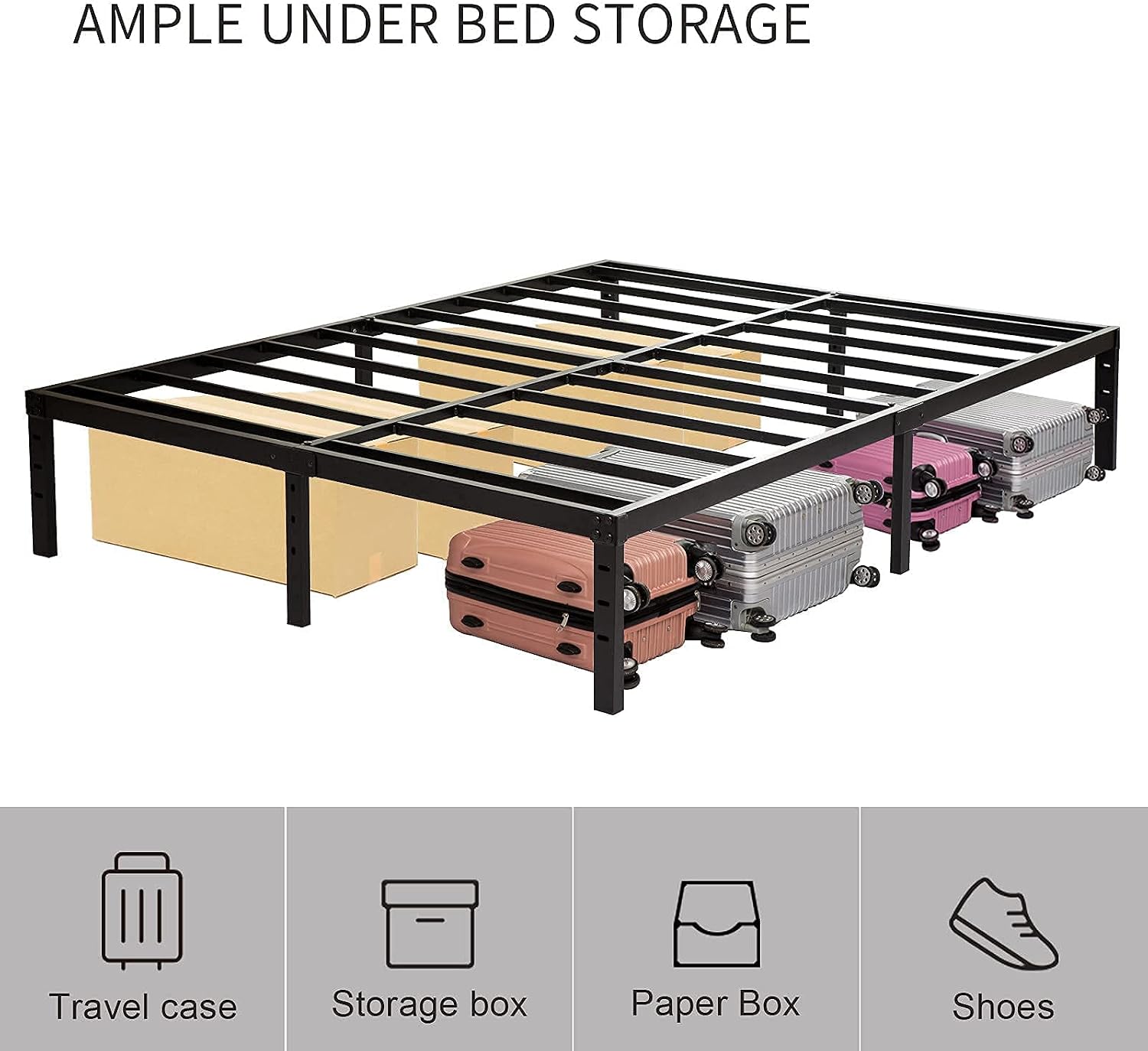 Wulanos King Size Bed Frame, 3500lbs Heavy Duty Metal Frames with Steel Slats Support 14 Inch High Platform Bedframe with Storage, No Box Spring Needed, Sturdy and Durable Noise-Free, Black