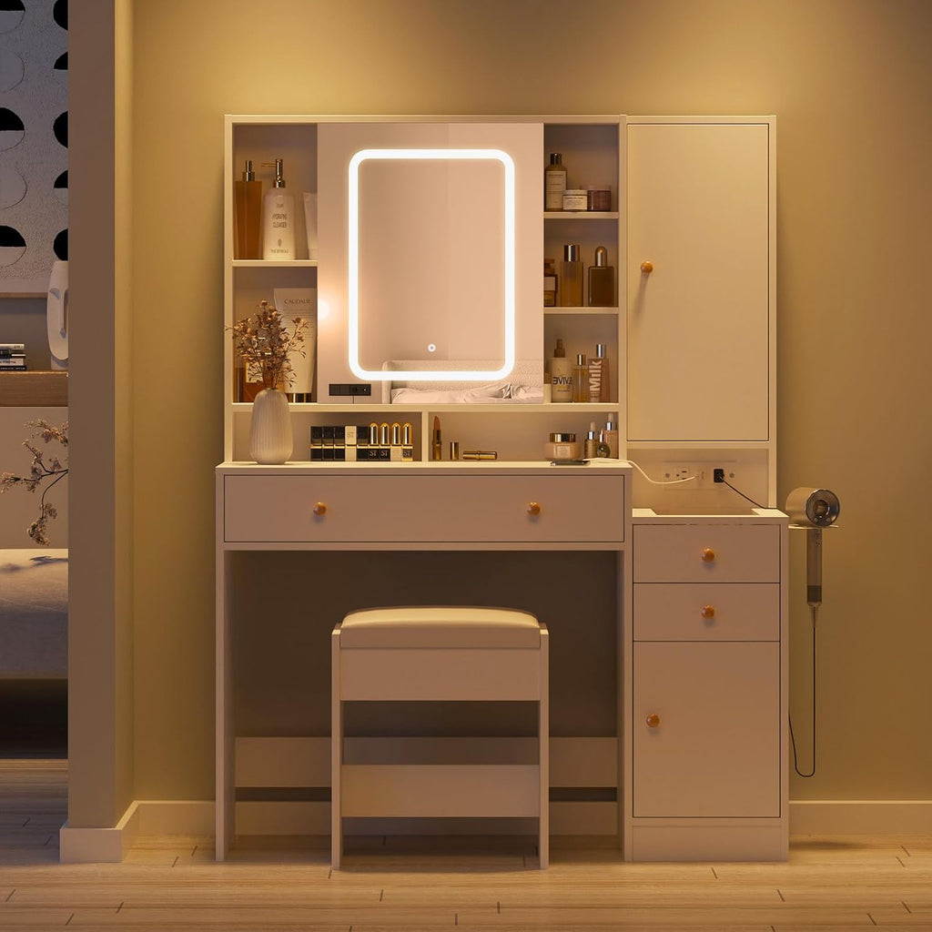 Halitaa Vanity Desk with Mirror and Lights, Glass Top Vanity Table Makeup Vanity with Lights and Charging Station & Sliding Door, Glass Top Vanity with 3 Drawers and Jewelry Cabinet, 42.8inch