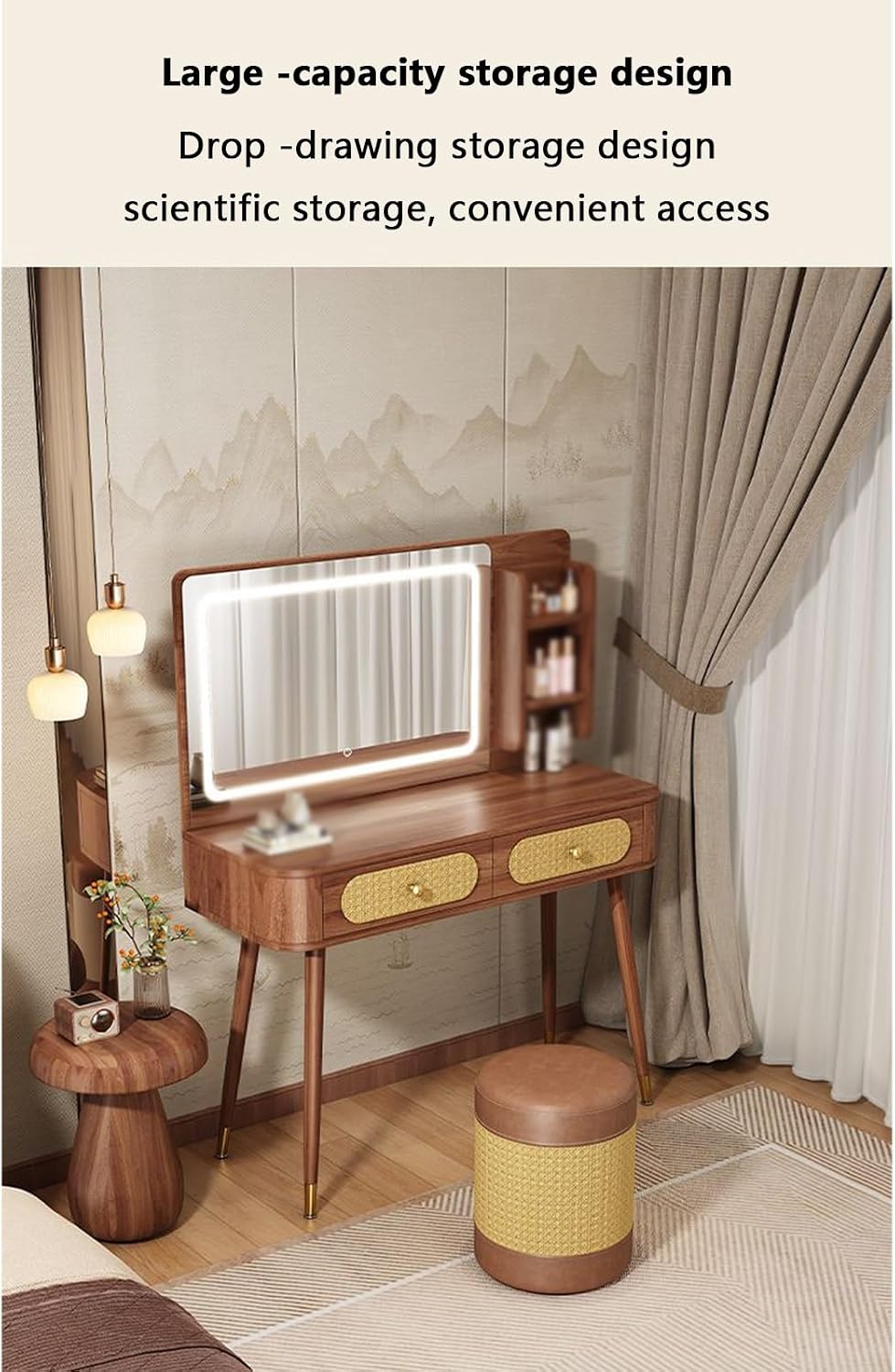 Vanity Desk with Mirror and Lights Small Vanity Desk White Vanity with Lighted Mirror Reasonable partition Rounded Corner Design Spacious countertop Thick Panel Suitable,A-60 * 40 * 77.5 cm