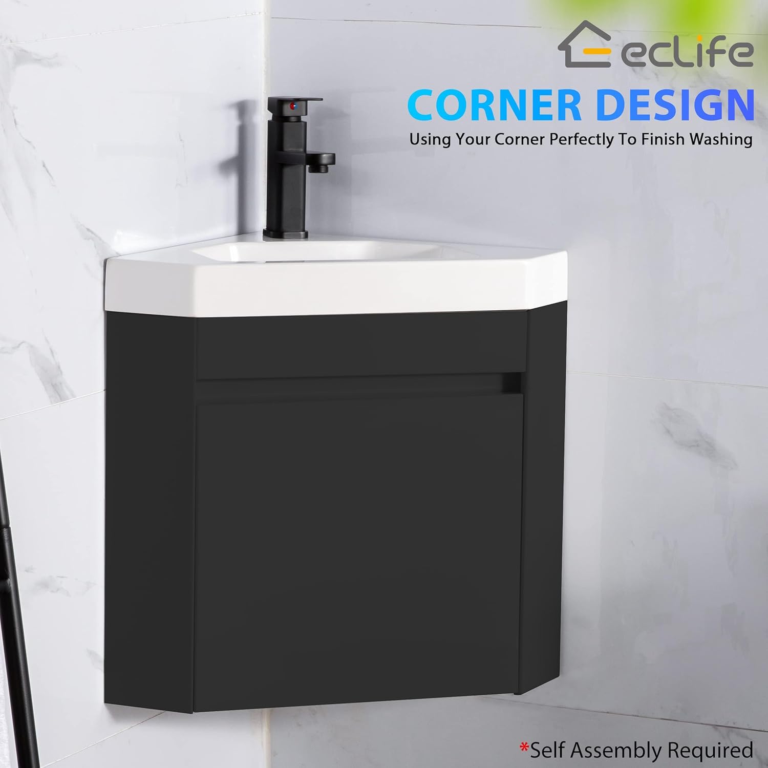 eclife 22' Corner Bathroom Vanity Sink Combo for Small Space Wall Mounted Floating Cabinet with White Resin Sink and Matte Black Faucet, Black