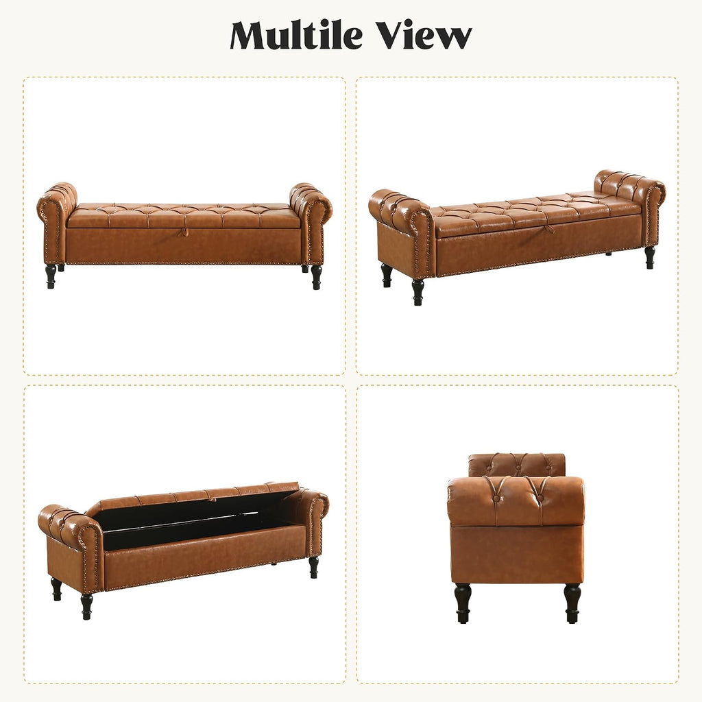 Faux Leather Storage Bench for Bed Room 67 Inch Upholstered Tufted Ottoman Bench with Arms King Size Large Storage Space End of Bed Benches for Bedroom Living Room Entryway Brown