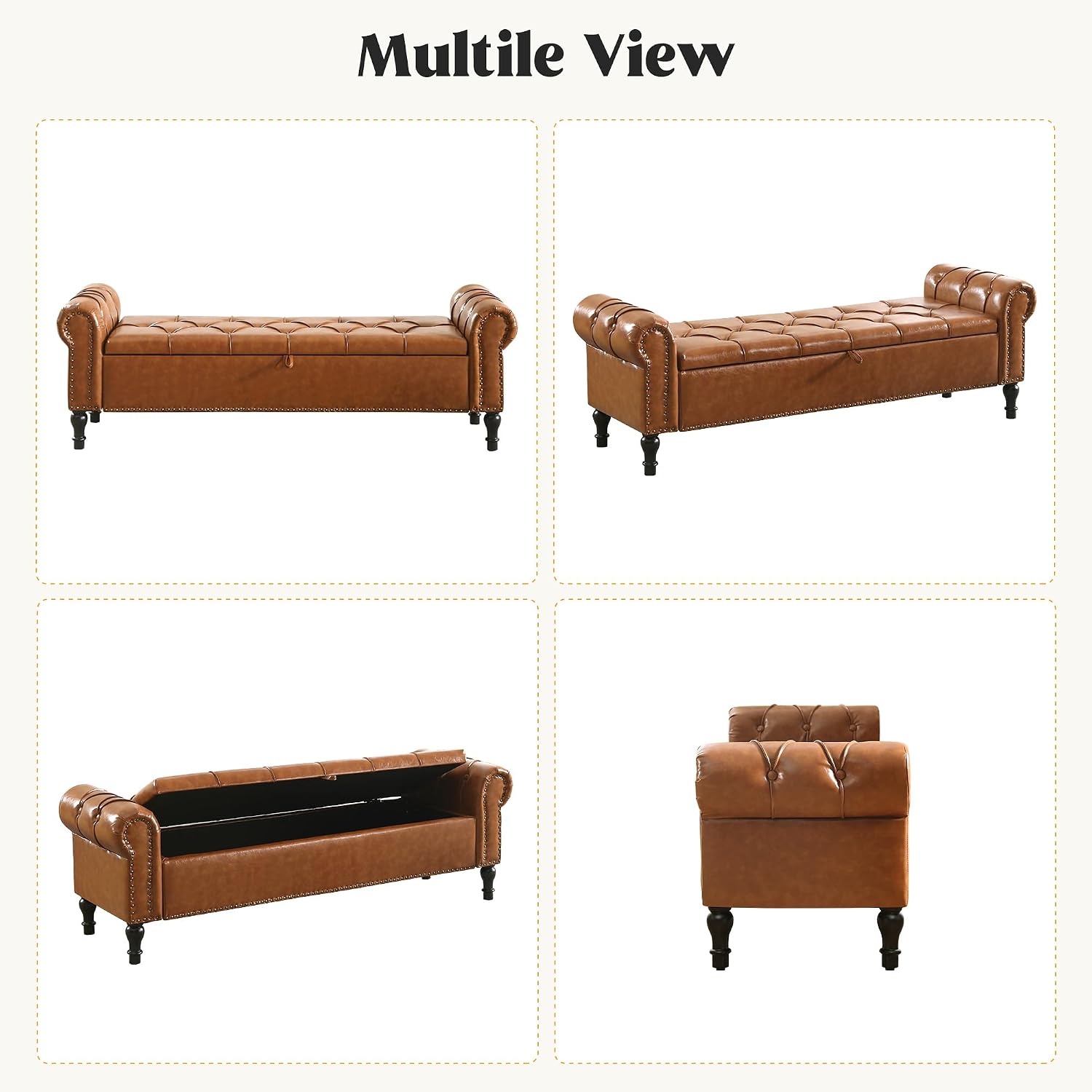 Faux Leather Storage Bench for Bed Room 67 Inch Upholstered Tufted Ottoman Bench with Arms King Size Large Storage Space End of Bed Benches for Bedroom Living Room Entryway Brown