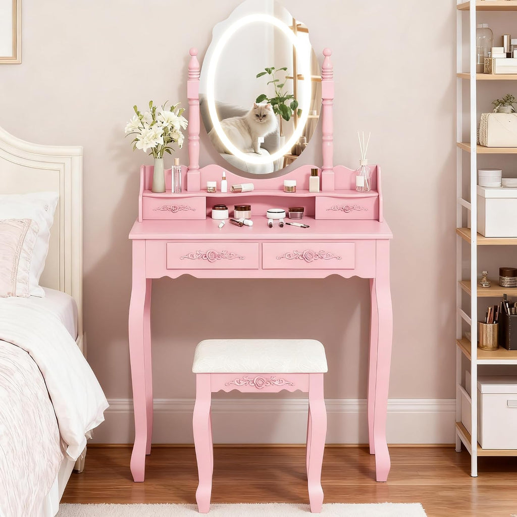 Whalefall Vanity Desk with Mirror and 3 Lights Modes, Makeup Vanity with Cushioned Stool, 4 Storage Drawers Makeup Table for Women and Girls, Bedroom or Dorm Guest Room