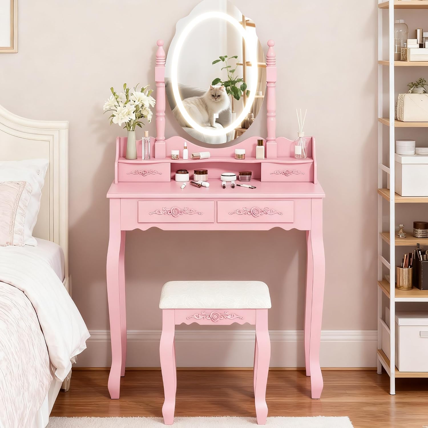 Whalefall Vanity Desk with Mirror and 3 Lights Modes, Makeup Vanity with Cushioned Stool, 4 Storage Drawers Makeup Table for Women and Girls, Bedroom or Dorm Guest Room