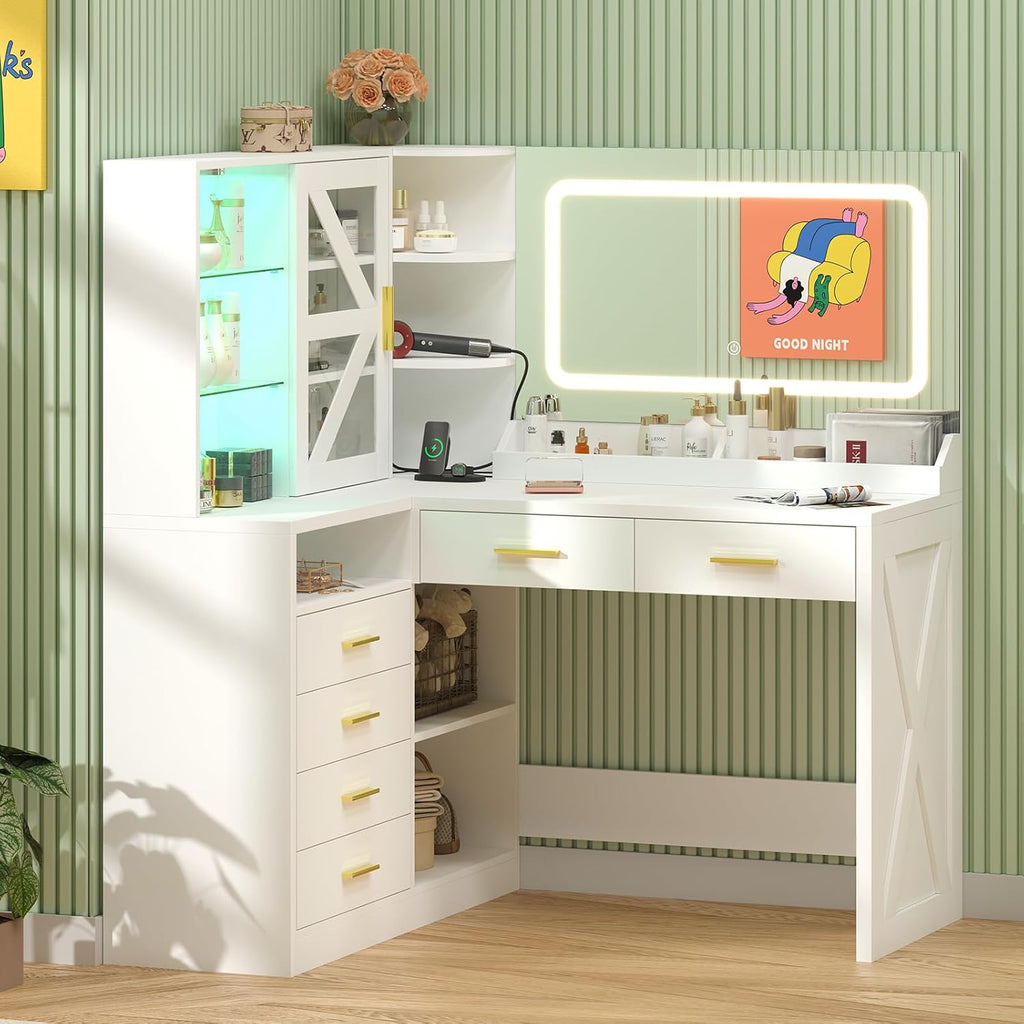 L-Shaped Corner Vanity Desk with LED Lighted Mirror & Charging Station, White Makeup Vanity with 6 Drawers & Sliding RGB Cabinet, Large Farmhouse Dressing Table with Open Storage Shelves for Women