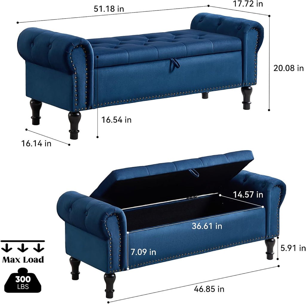 Storage Bench for Bedroom, 51' Upholstered End of Bed Bench, Velvet Queen Size Benches with Rolled Arms, Tufted Button Storage Long Ottoman, Living Room, Entryway, Blue