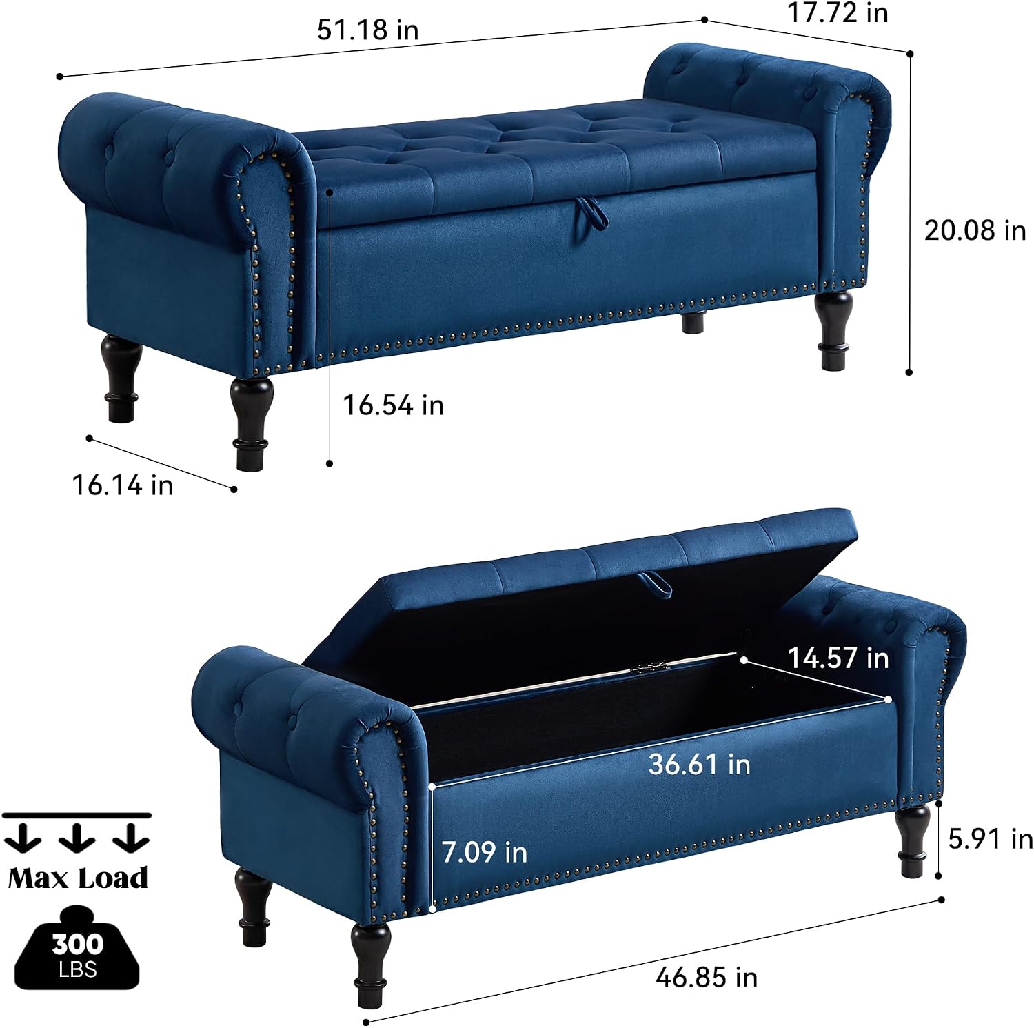 Storage Bench for Bedroom, 51' Upholstered End of Bed Bench, Velvet Queen Size Benches with Rolled Arms, Tufted Button Storage Long Ottoman, Living Room, Entryway, Blue