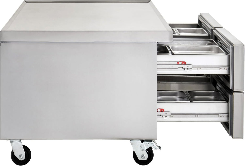 Kratos Commercial Refrigerator, 72' Wide Four Drawer Chef's Base, Refrigerated Mobile Equipment Stand for Restaurants, Stainless Steel, 115V, Large 16 Cubic Ft. Capacity (67K-317)