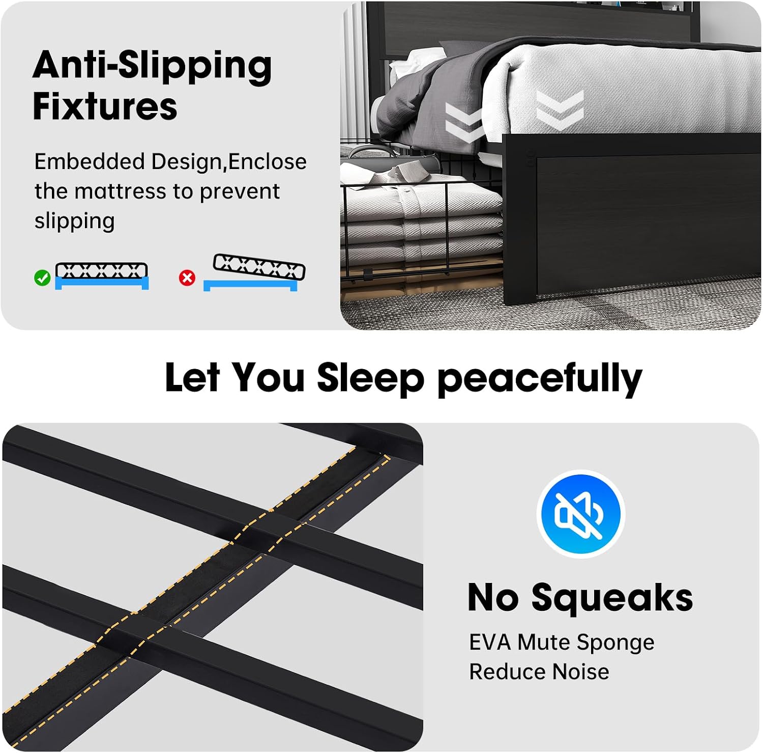Fabuils Full Size Bed Frame with Storage, LED Wood Bed Platform with Headboard, 4 Drawers, Charging Station, No Box Spring Needed, Metal Support Base,Charcoal Grey