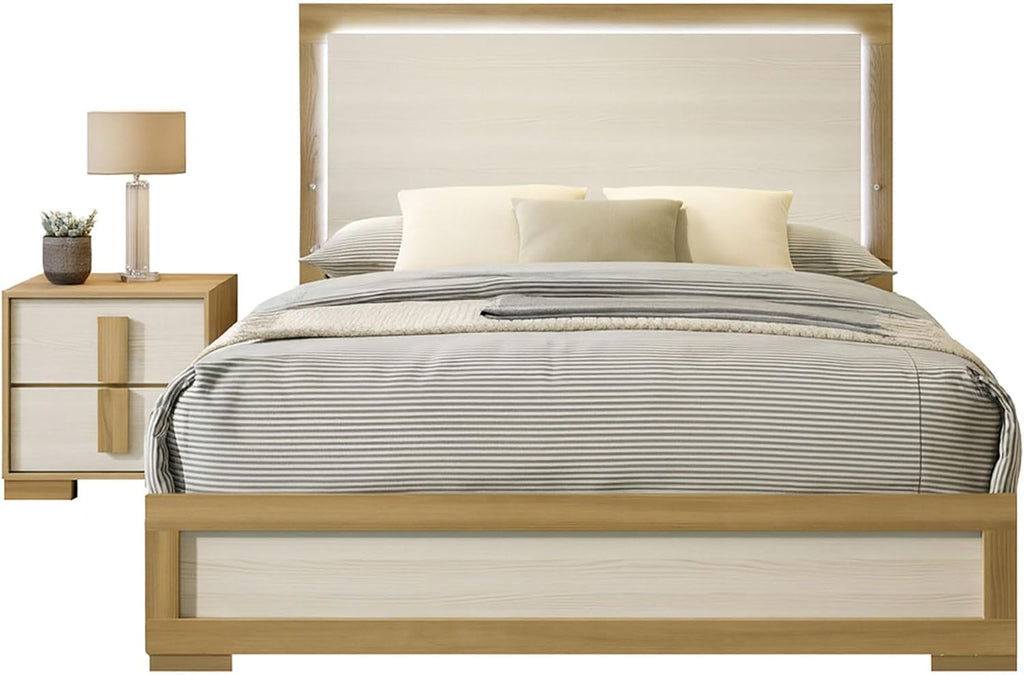 Kings Brand Furniture Boone 2-Piece Bedroom Set – Bed Frame with LED Headboard & 1 Nightstand, Natural/White Wood Finish, Slim-Profile Modern Design (King)