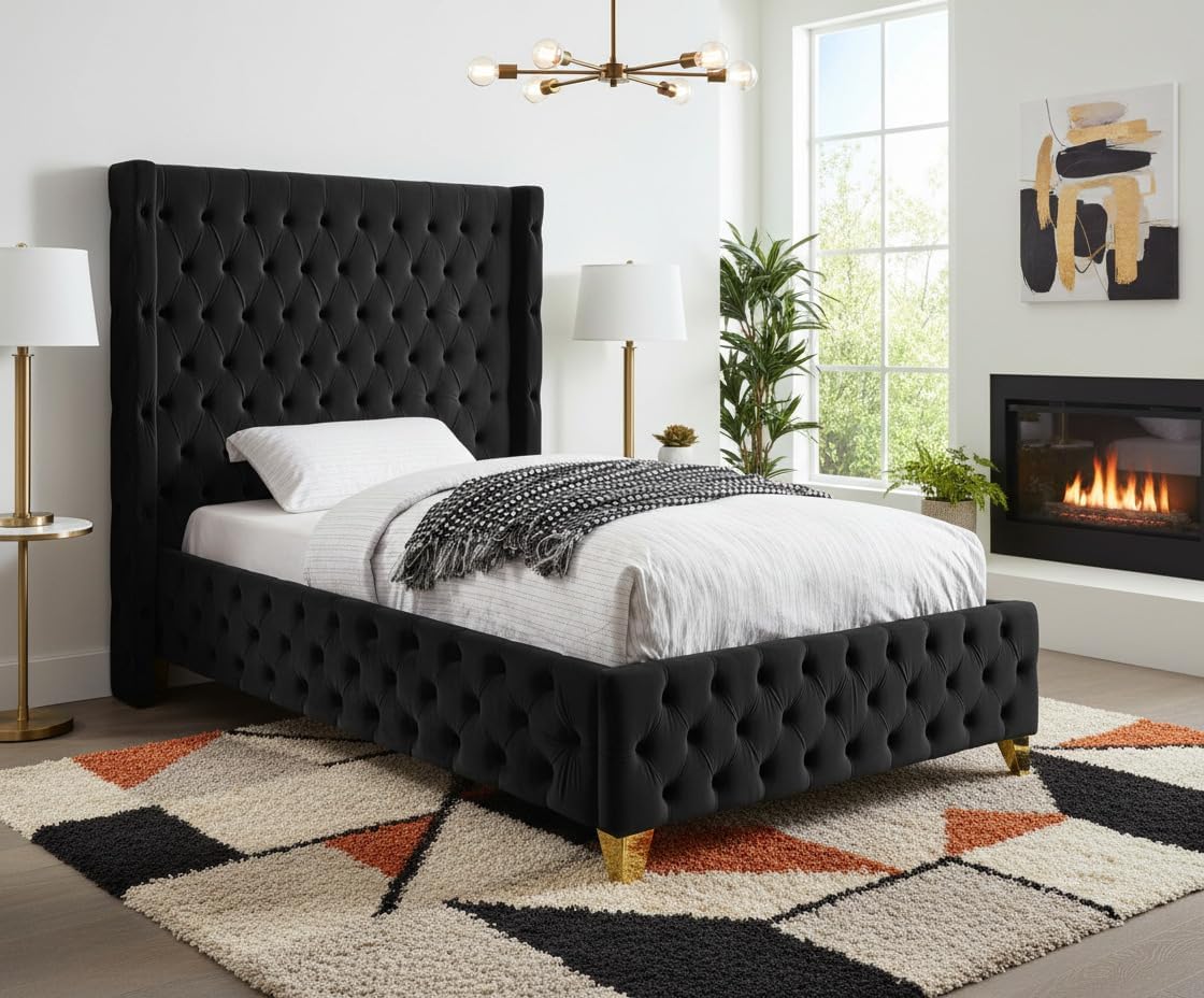 Meridian Furniture SavanBlack-T Savan Collection Modern | Contemporary Velvet Upholstered Bed with Deep Button Tufting in Gold or Chrome Finish, 50' W x 81' D x 56' H, Black, Twin