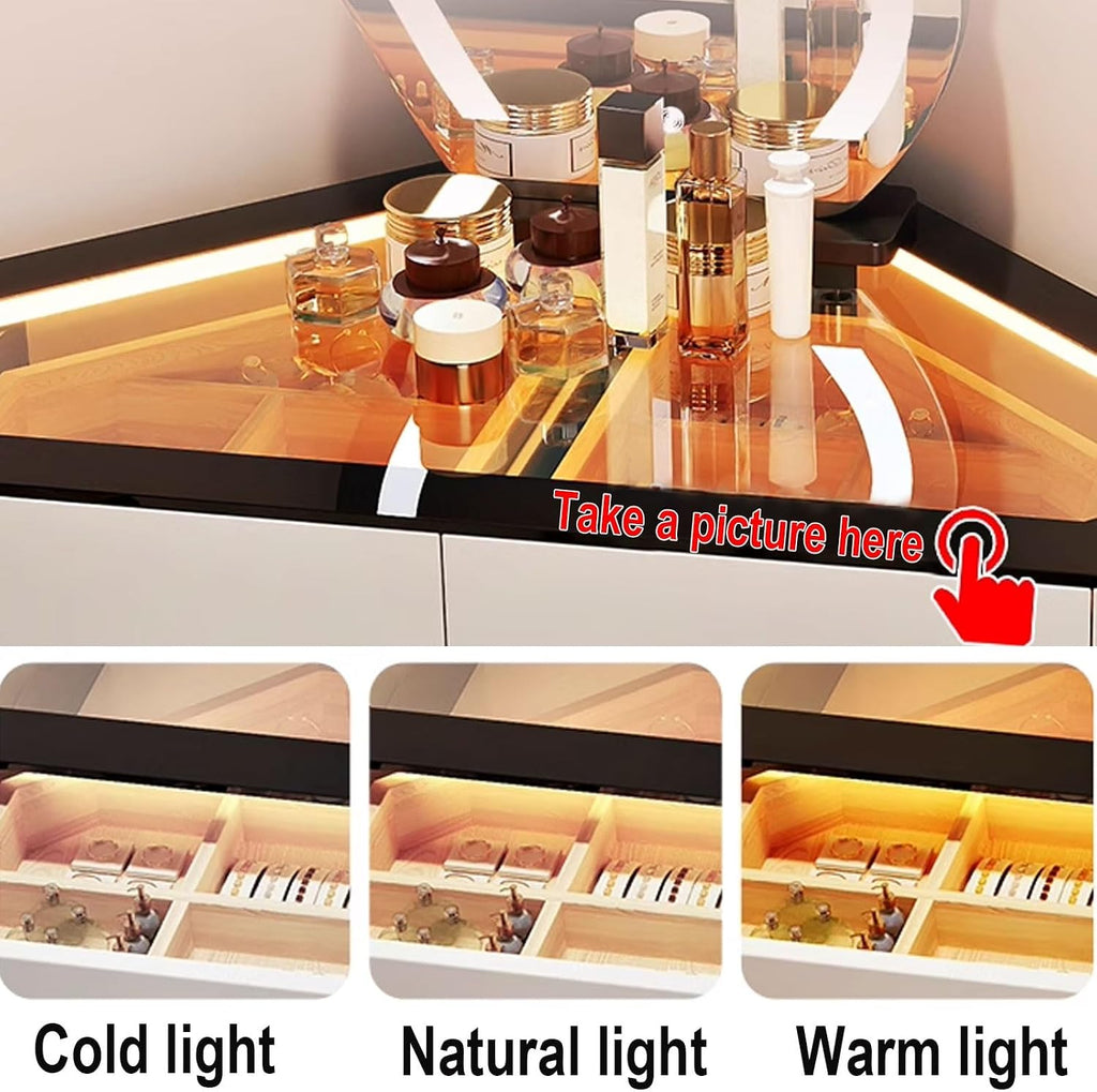 Makeup Vanity with Mirror and Lights Expandable and Adjustable Wood Vanity Lighting Adjustable in Three Levels 90° Corner Design Multi-Purpose Table(White,120 * 30 * 130CM)