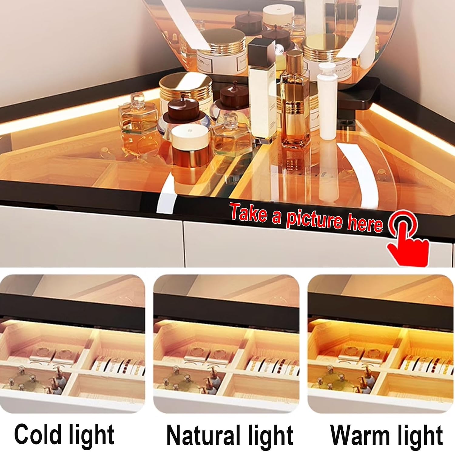 Makeup Vanity with Mirror and Lights Expandable and Adjustable Wood Vanity Lighting Adjustable in Three Levels 90° Corner Design Multi-Purpose Table(White,120 * 30 * 130CM)