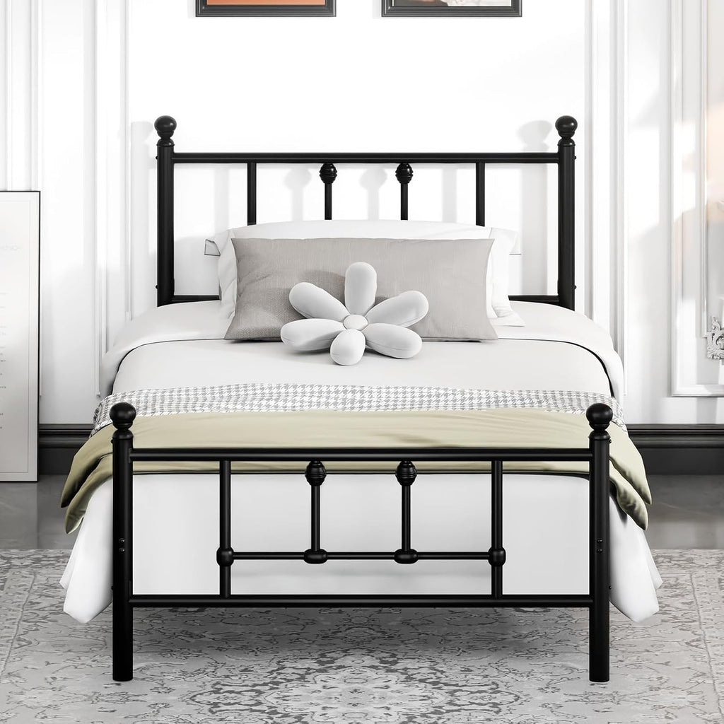 LEVELEVE 14 Inch Twin Size Victorian Vintage Metal Platform Bed Frame with Headboard and Footboard, Underbed Storage, No Box Spring Needed, Easy Assembly, Black