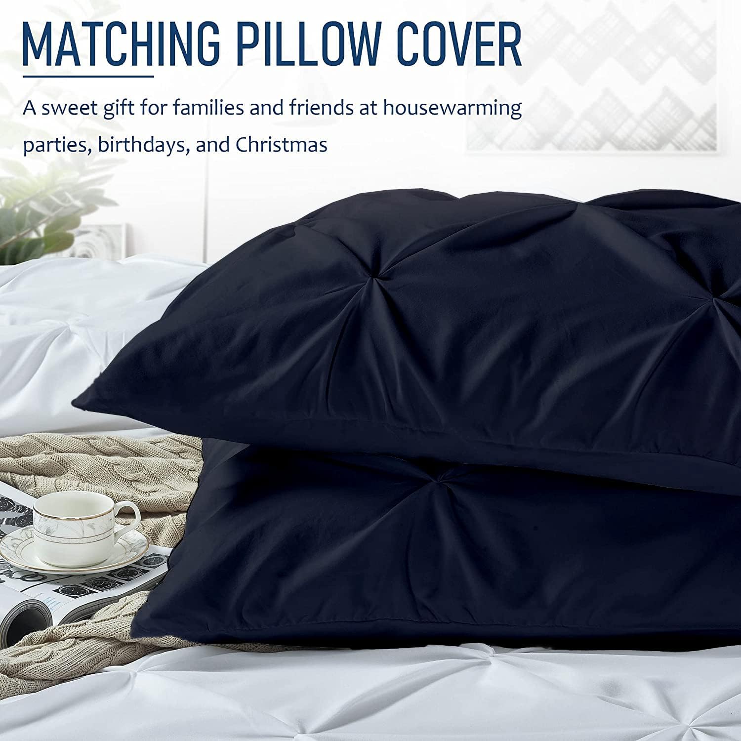 Crown Collection Luxuriate Hotel 1000-TC Hypoallergenic Ultra Soft Design 100% Egyptian Cotton Pinch Plated Duvet Cover with Zipper Colser & 2pcs Pillow Case Set (Super King Plus 120X120) Navy Blue