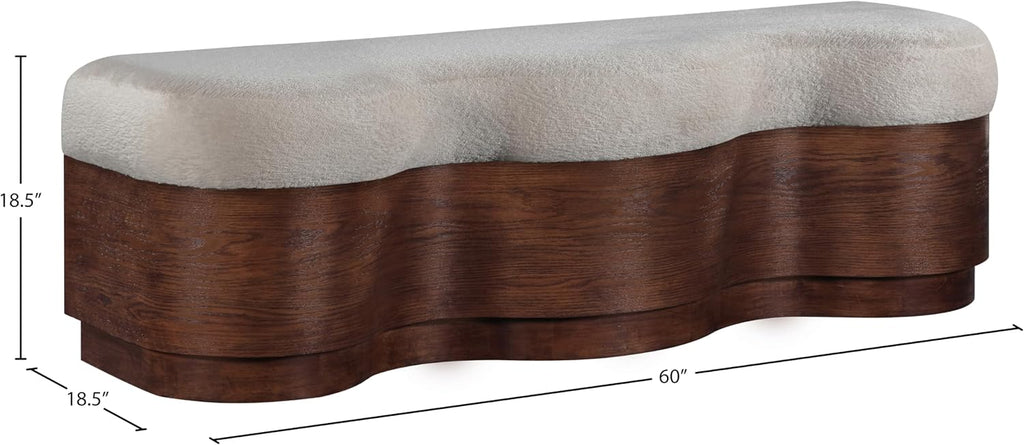 Meridian Furniture 22082Beige Savoy Collection Art Deco Bench with Soft Beige Velour Fur Fabric, Rich Brown Walnut Finish, Mix of Solid Wood & MDF, 60' W x 18.5' D x 18.5' H, Beige