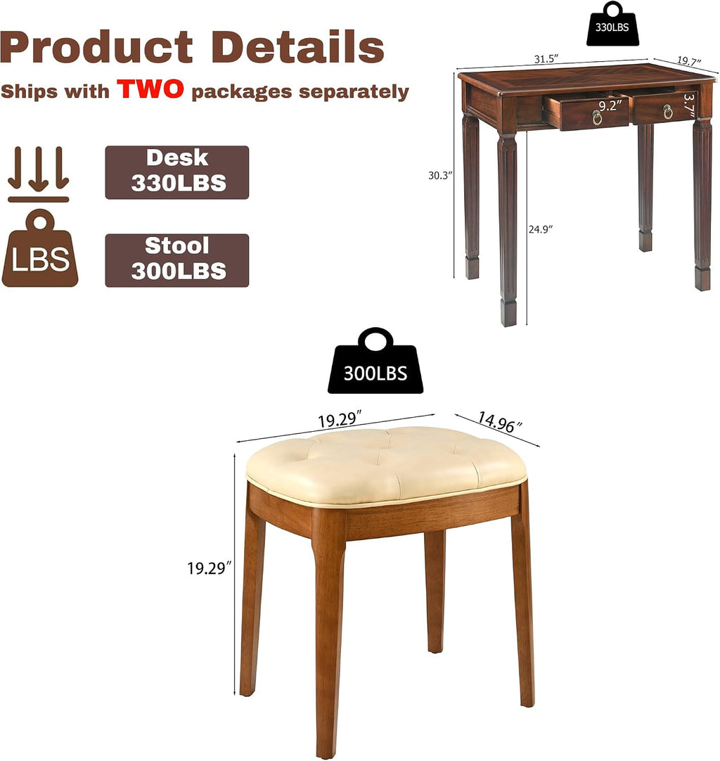Biaco Small Wood Makeup Vanity Desk Set, Vintage Dressing Vanity Table Set with 2 Drawers & Matching Padded Bench Stool Writing Desk with Button Tufted Cushioned Stool, Cherry&Beige