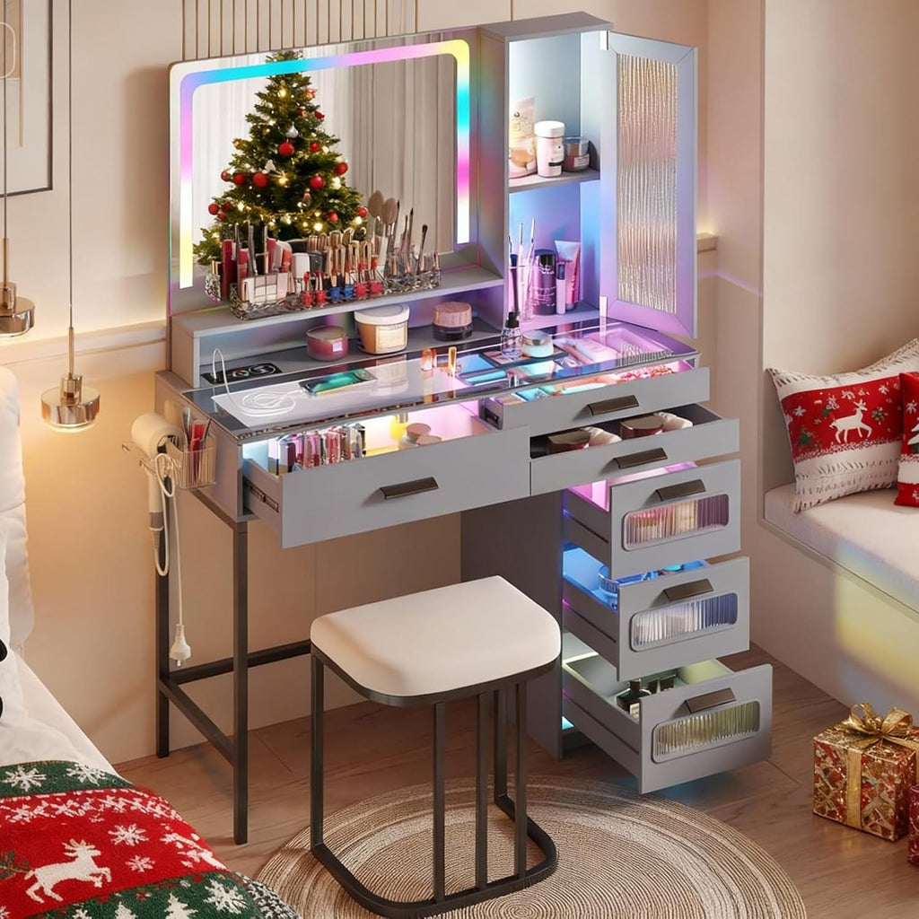 RGB Vanity Desk with Mirror and Lights, Glass Top Makeup Vanity with 6 Drawers & Wireless Charging,Vanity Table Set with RGB Cabinet Light and Jewelry Box, for Girls Bedroom,Grey