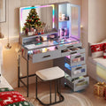 RGB Vanity Desk with Mirror and Lights, Glass Top Makeup Vanity with 6 Drawers & Wireless Charging,Vanity Table Set with RGB Cabinet Light and Jewelry Box, for Girls Bedroom,Grey