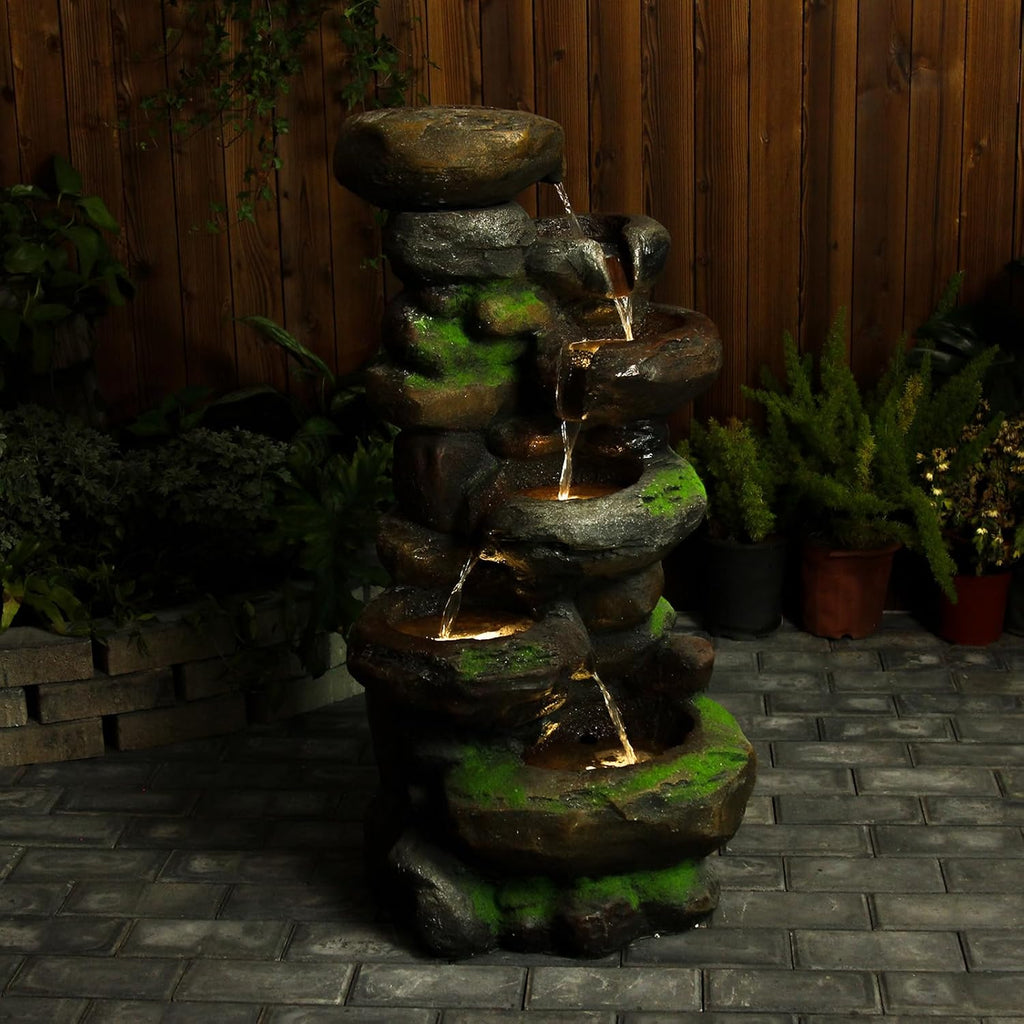 YZM 6-Tiered Outdoor Floor Rock Water Fountain Cascading Waterfall Fountains Indoor Led Lights for Home Garden Patio with Natural Stone Look 37.4' H