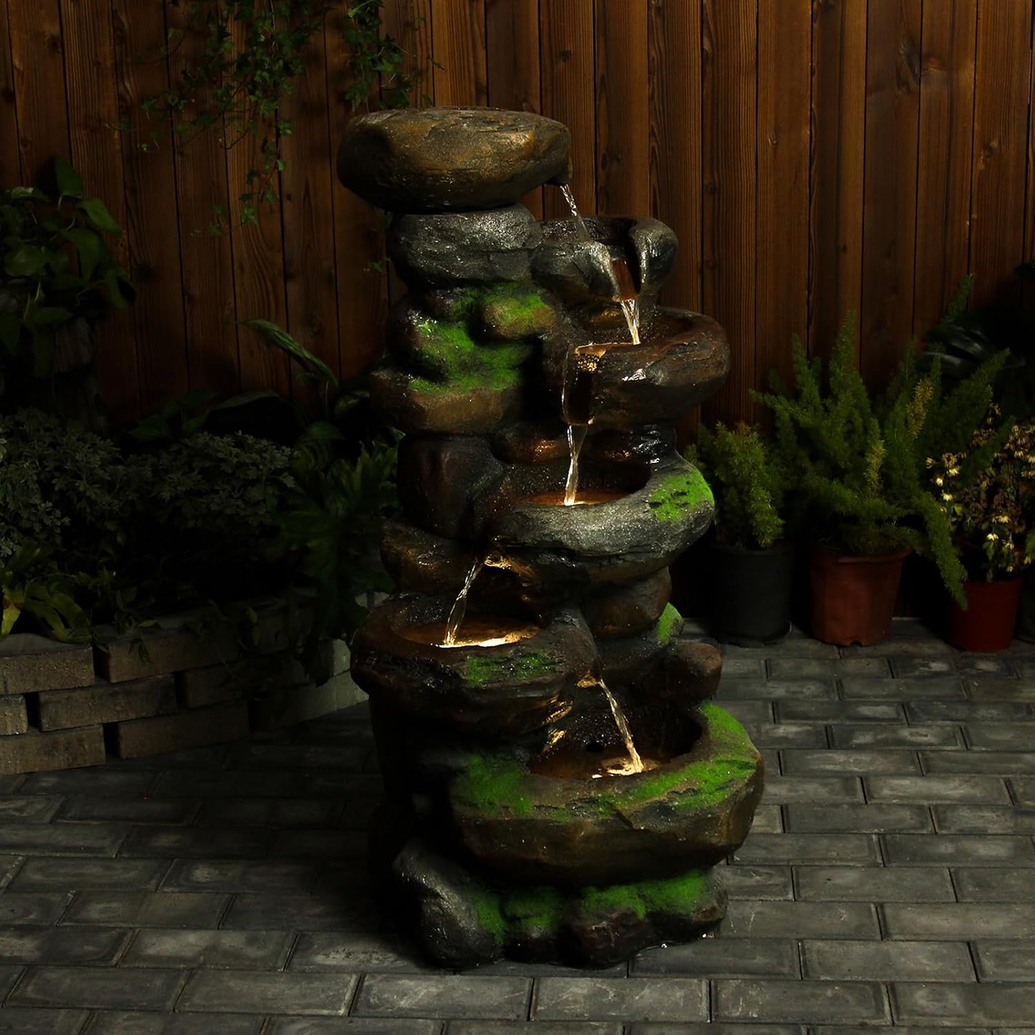 YZM 6-Tiered Outdoor Floor Rock Water Fountain Cascading Waterfall Fountains Indoor Led Lights for Home Garden Patio with Natural Stone Look 37.4' H