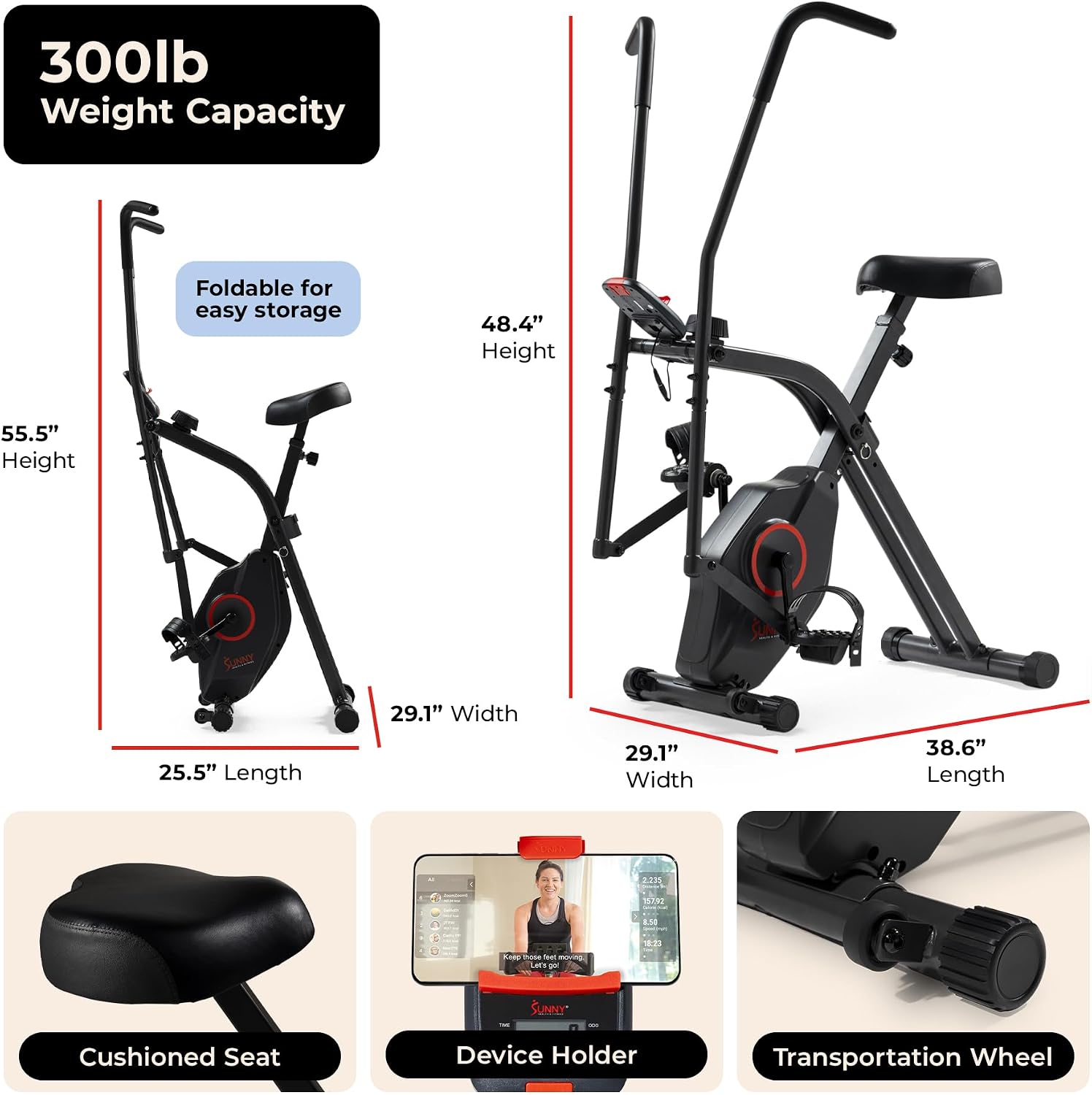 Sunny Health & Fitness Smart Folding X-Bike, Portable Compact Exercise Bike for Indoor Cycling Workout, Home Cardio Training Machine, Free SunnyFit App Bluetooth Connect