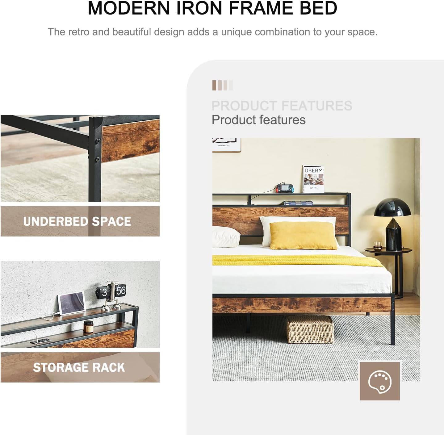 King Bed Frame with Headboard, Metal Platform Bed Frame King Size with Charging Station, 2-Tier Storage Headboard, No Box Spring Needed, Easy Assembly, Brown