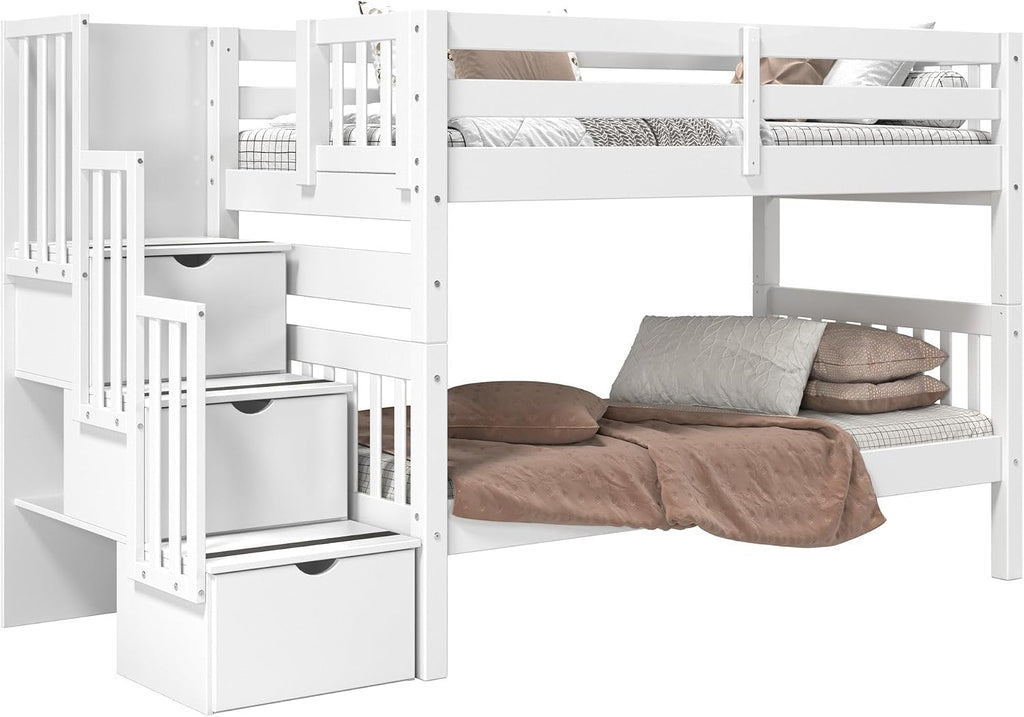 Bedz King Stairway Bunk Beds Twin Over Twin, 3 Step Drawers, White