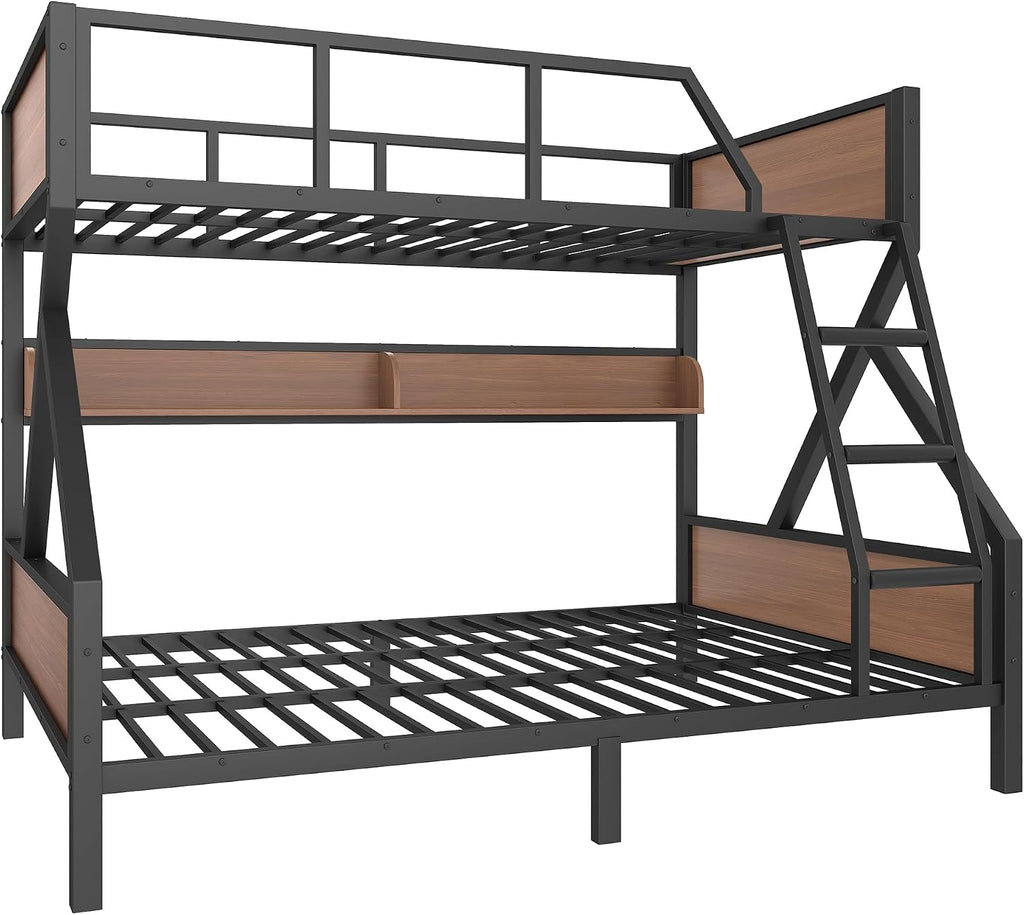 Bellemave Bunk Bed Full XL Over Queen with LED, Heavy Duty Metal Bunk BedFrame with Storage Shelves and Lights, Woodgrain+Black