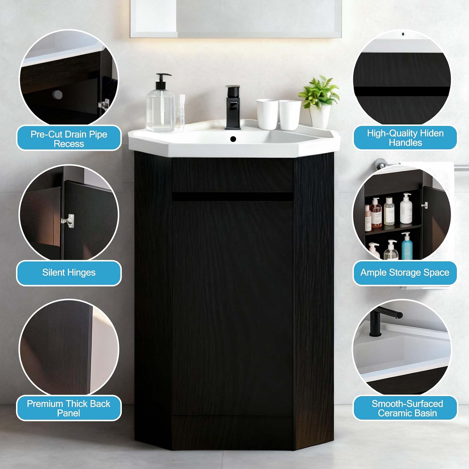 26' Corner Bathroom Vanity with Ceramic Sink for Small Space Freestanding Bathroom Cabinet Sink Combo with Shelf Modern Storage Cabinet with Console Sink Compact Space Small Utility Sink with Drain