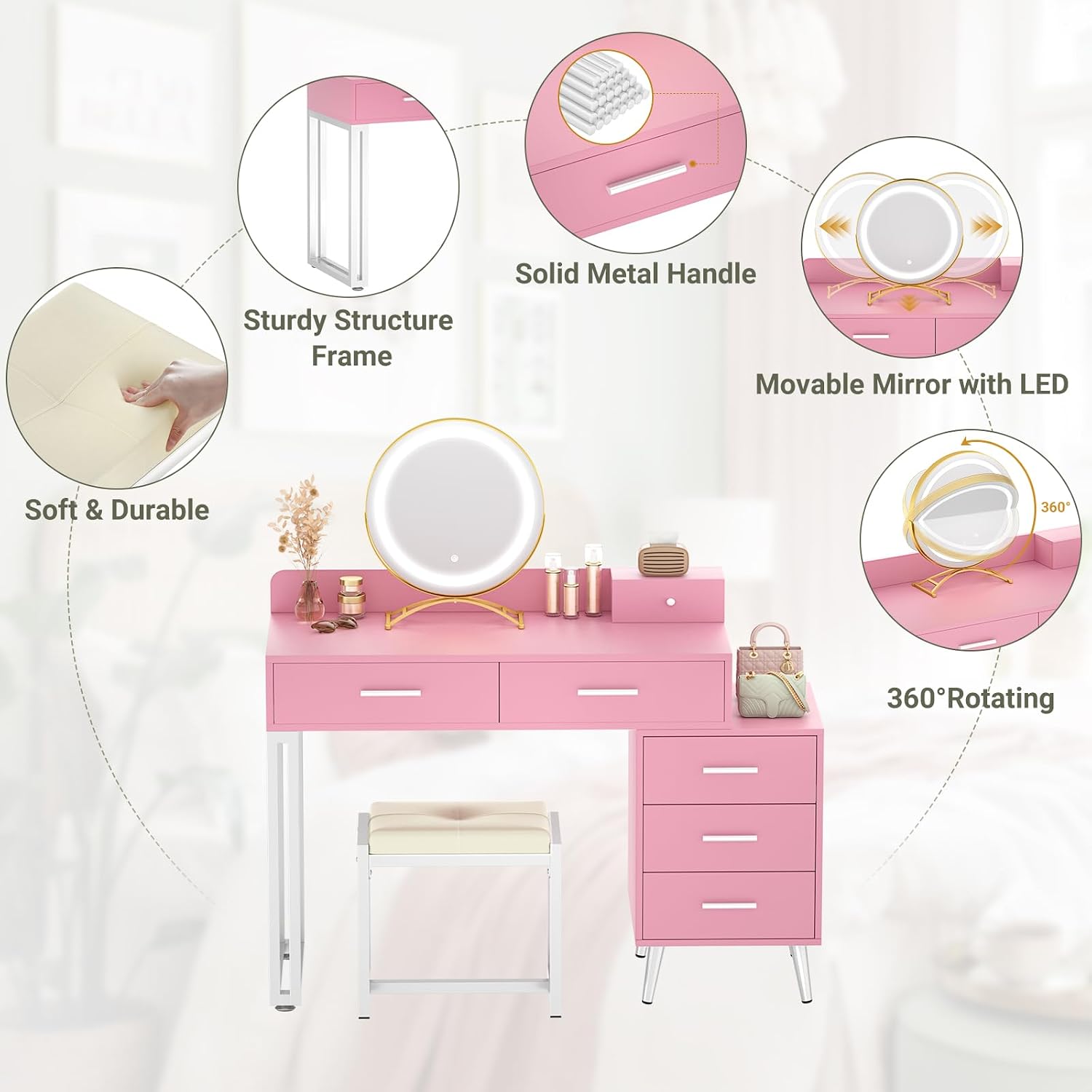 Armocity Pink Vanity Desk with Mirror and Lights, Modern Makeup Vanity Table Set with 6 Storage Drawers and Cushioned Stool for Bedroom, Dressing Table with Divided Organizers for Women Girls, Pink
