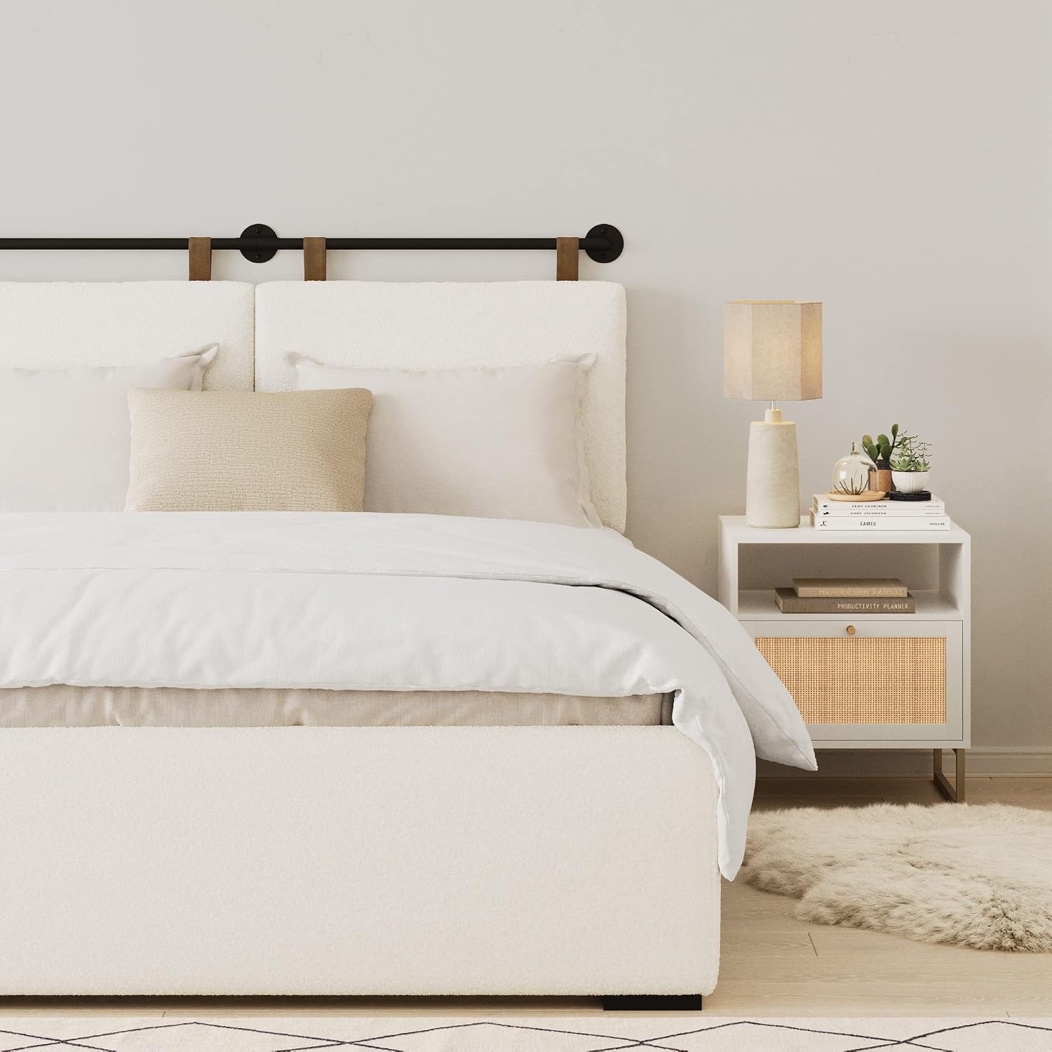 Nathan James Charlie Wall Mount Hanging Upholstered Headboard, Queen, White Boucle with Brown Faux Leather Straps