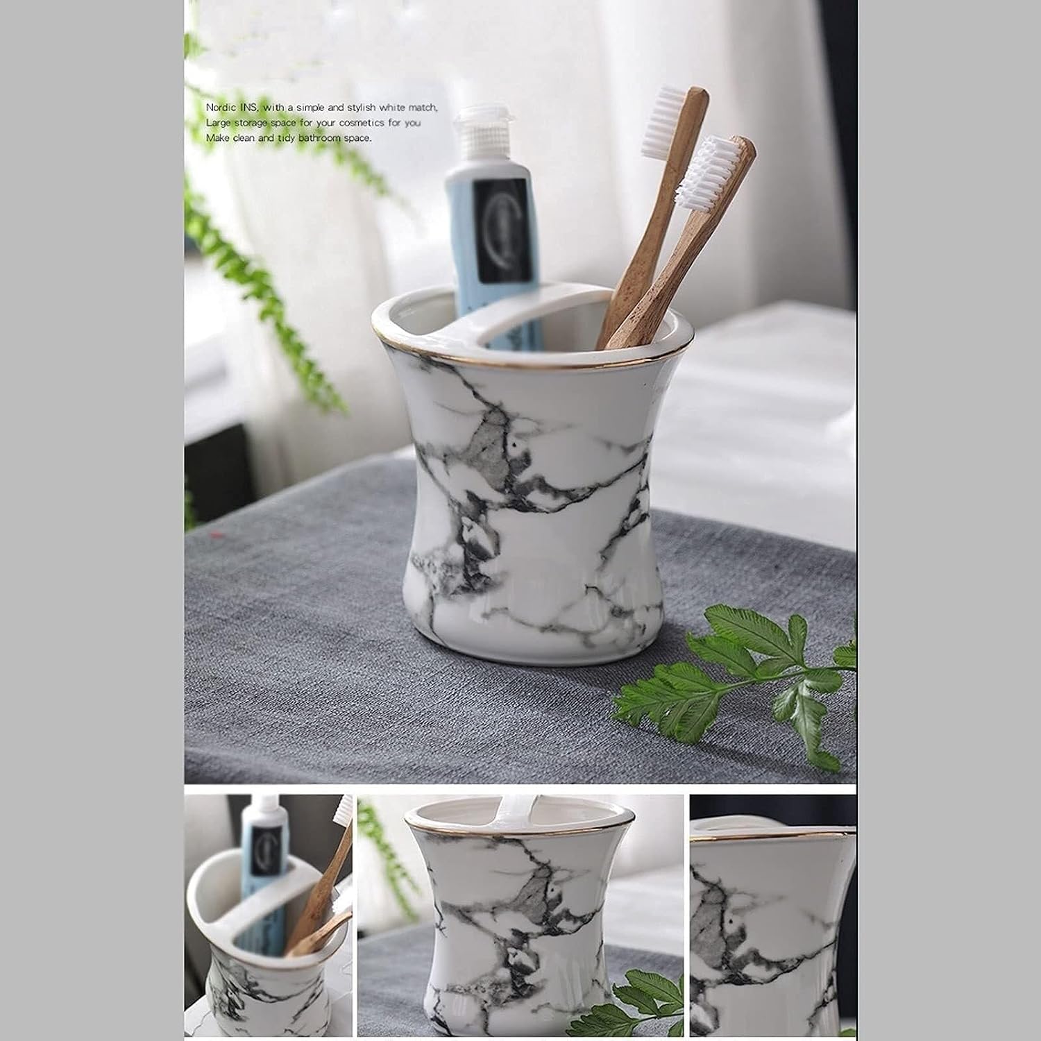Vanity Bathroom Decor, 5 Piece Set Bathroom Accessories Set White Marble Pattern Ceramic Soap Dispenser Set Kitchen Accessories Housewarming Gift