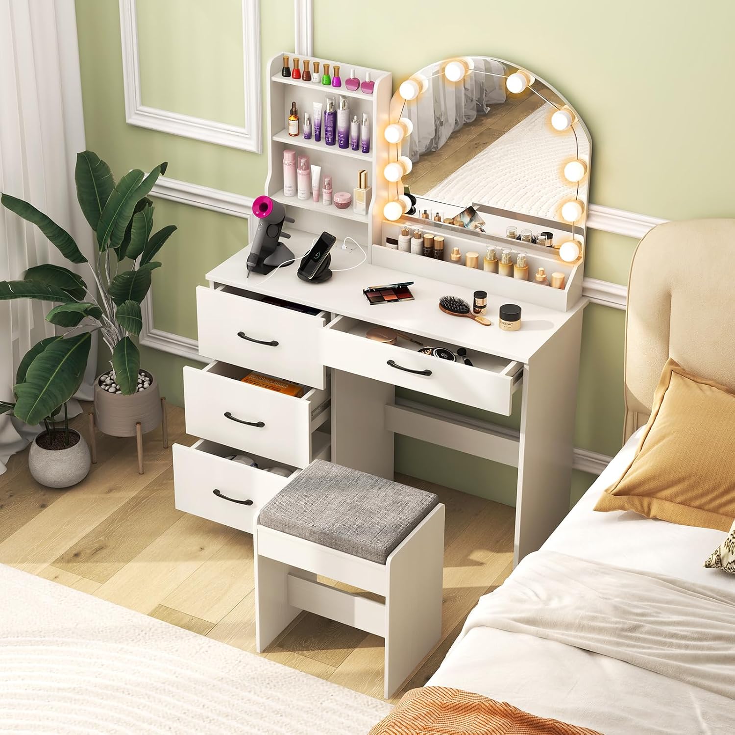 CHARMAID Vanity Desk with Mirror and Lights, White Makeup Vanity Desk with 4 Drawers, Storage Shelves, Charging Station, 3 Lighting Modes, 40 inch Large Vanity Dressing Table with Stool for Bedroom