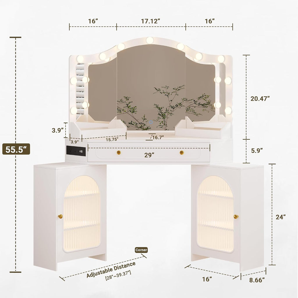 Corner Vanity Desk with 3 Way Mirror & LED Lights, Makeup Table Set with Charging Station, Storage Drawers & Side Cabinets, Modern Bedroom Dressing Table for Women & Girls Birthday Gift