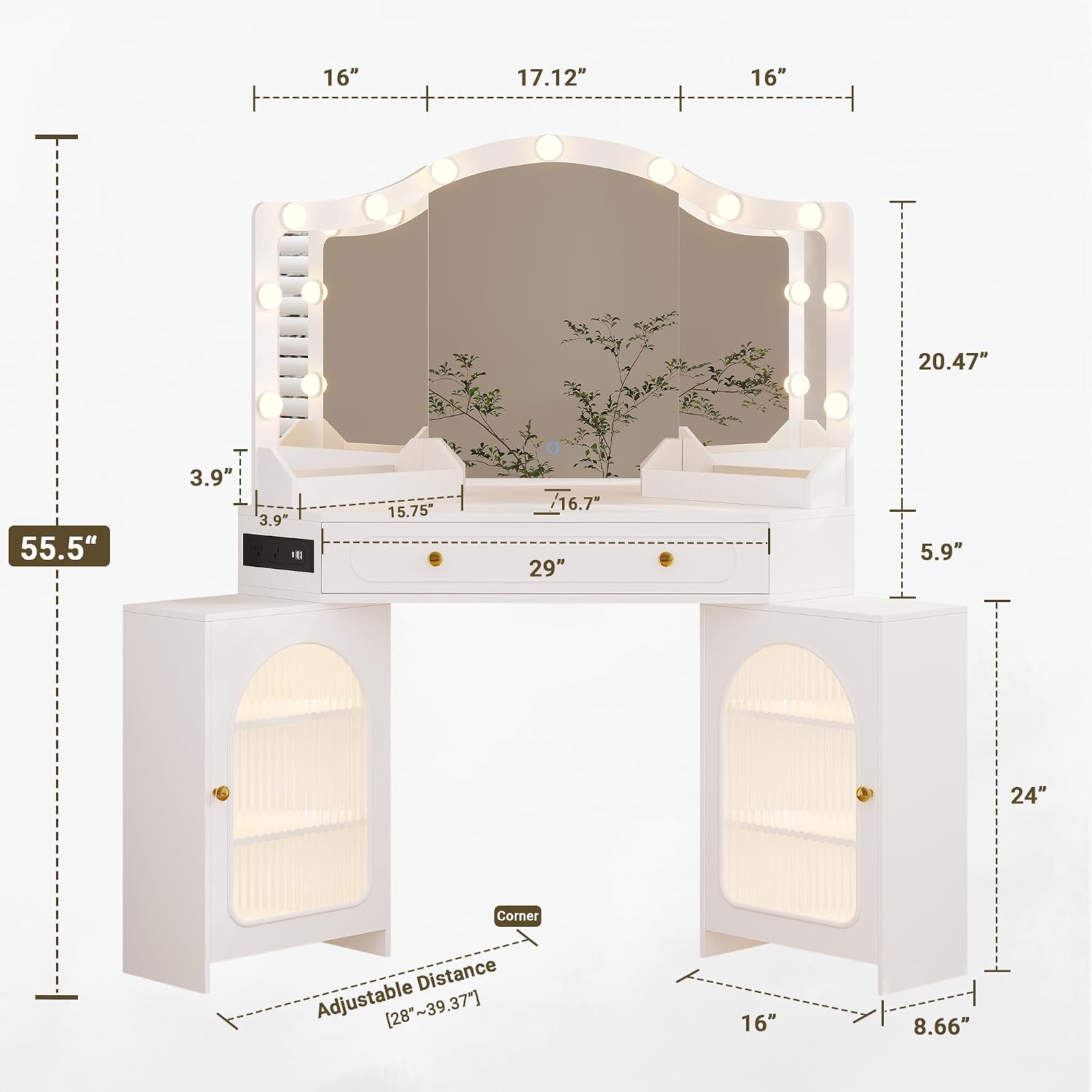 Corner Vanity Desk with 3 Way Mirror & LED Lights, Makeup Table Set with Charging Station, Storage Drawers & Side Cabinets, Modern Bedroom Dressing Table for Women & Girls Birthday Gift