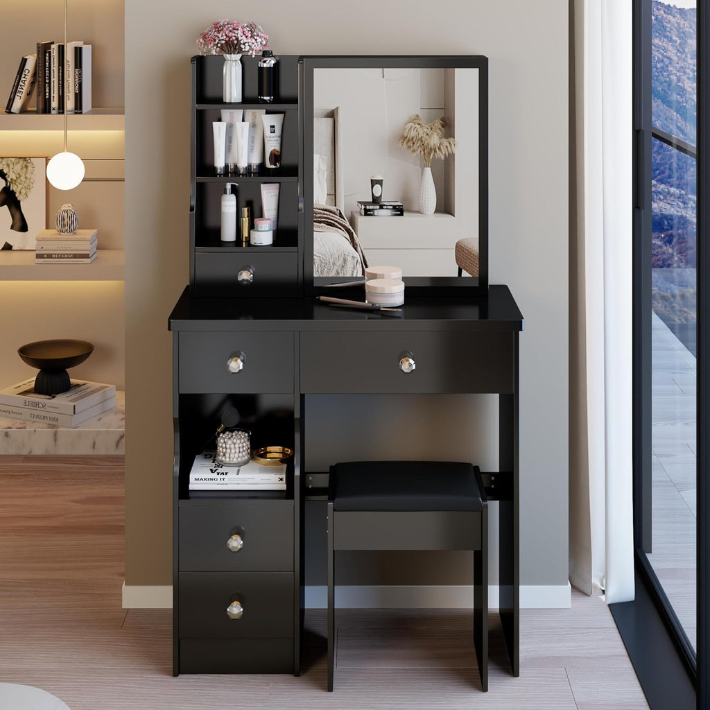 29.2' Small Vanity Desk with Mirror, Makeup Table with Sliding Mirror, Dressing Table with Multi Layer Capacity Storage, Vanity Set with 5 Drawers and Stool for Small Space Bedroom, Black