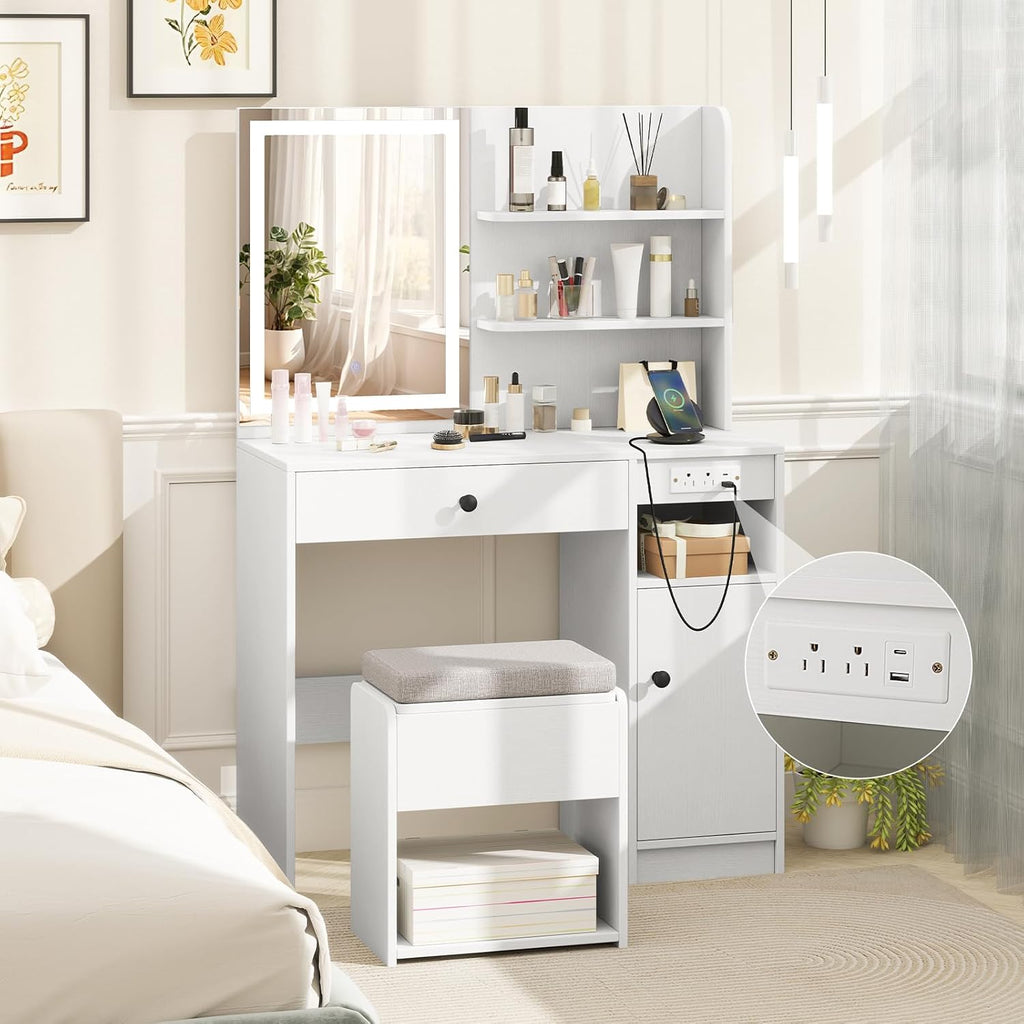 GOFLAME Makeup Vanity Set with Mirror and Lights, Vanity Desk with Charging Station, Storage Stool, 3-Color Lights, Drawer, Cabinet, Adjustable Shelf, Modern Dressing Table and Chair Set (White)